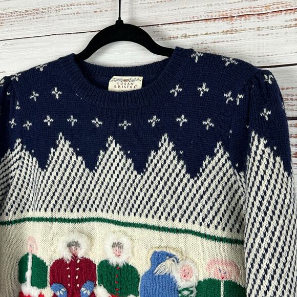 Womens VTG 1986 Susan Bristol Wool Sweater Hand Embroidered Family Puff Sleeve S - Picture 3 of 9